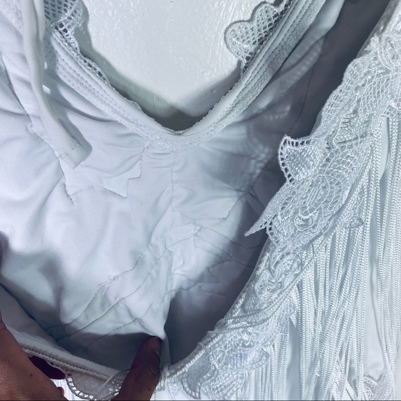 White Halter Top Deep V Fringe One Piece Bathing Suit By ASOS Swim - Picture 8 of 10